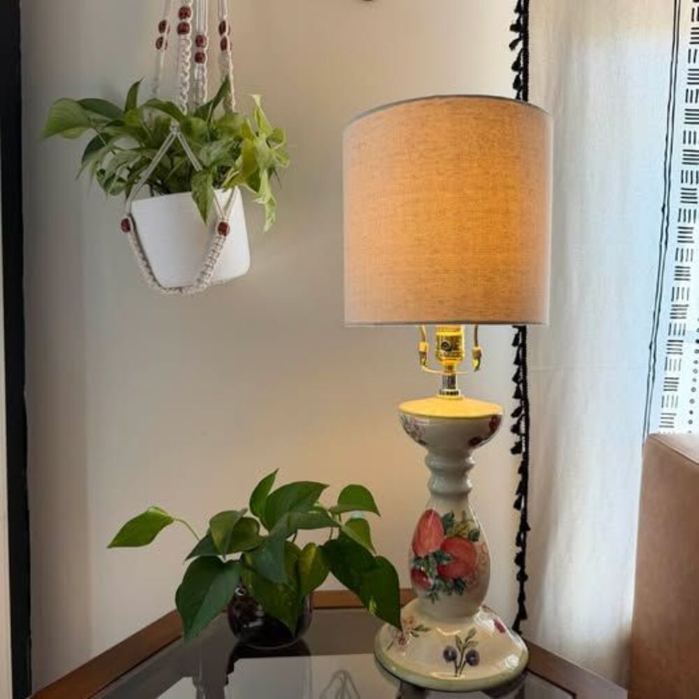 Vintage Hand-Painted Ceramic Fruit & Floral Table Lamp with Drum Shade